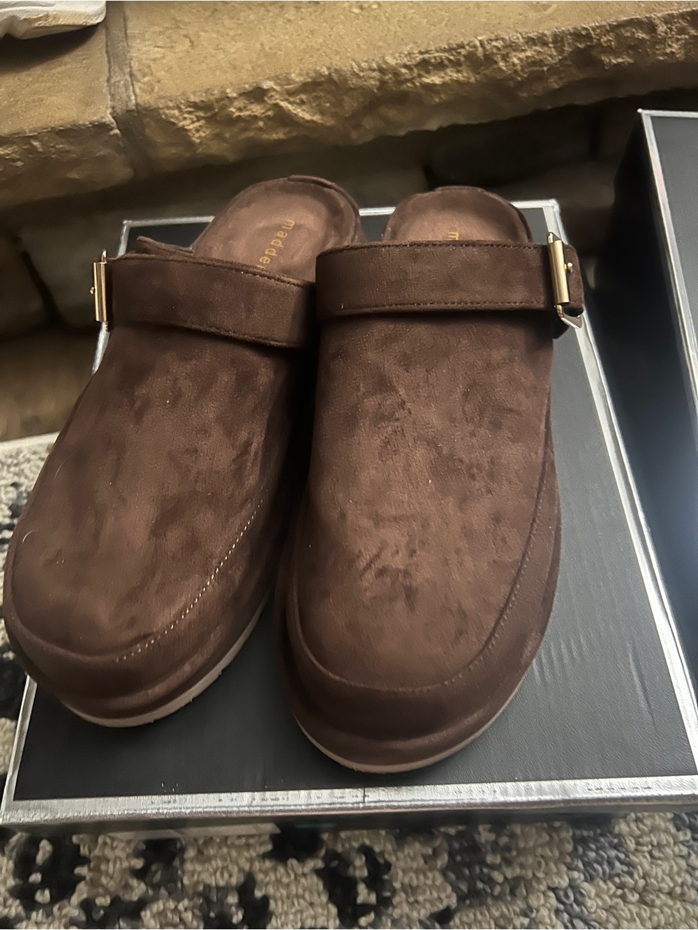 Madden Girl Brown Suede Slip-On Mule with Buckle Strap